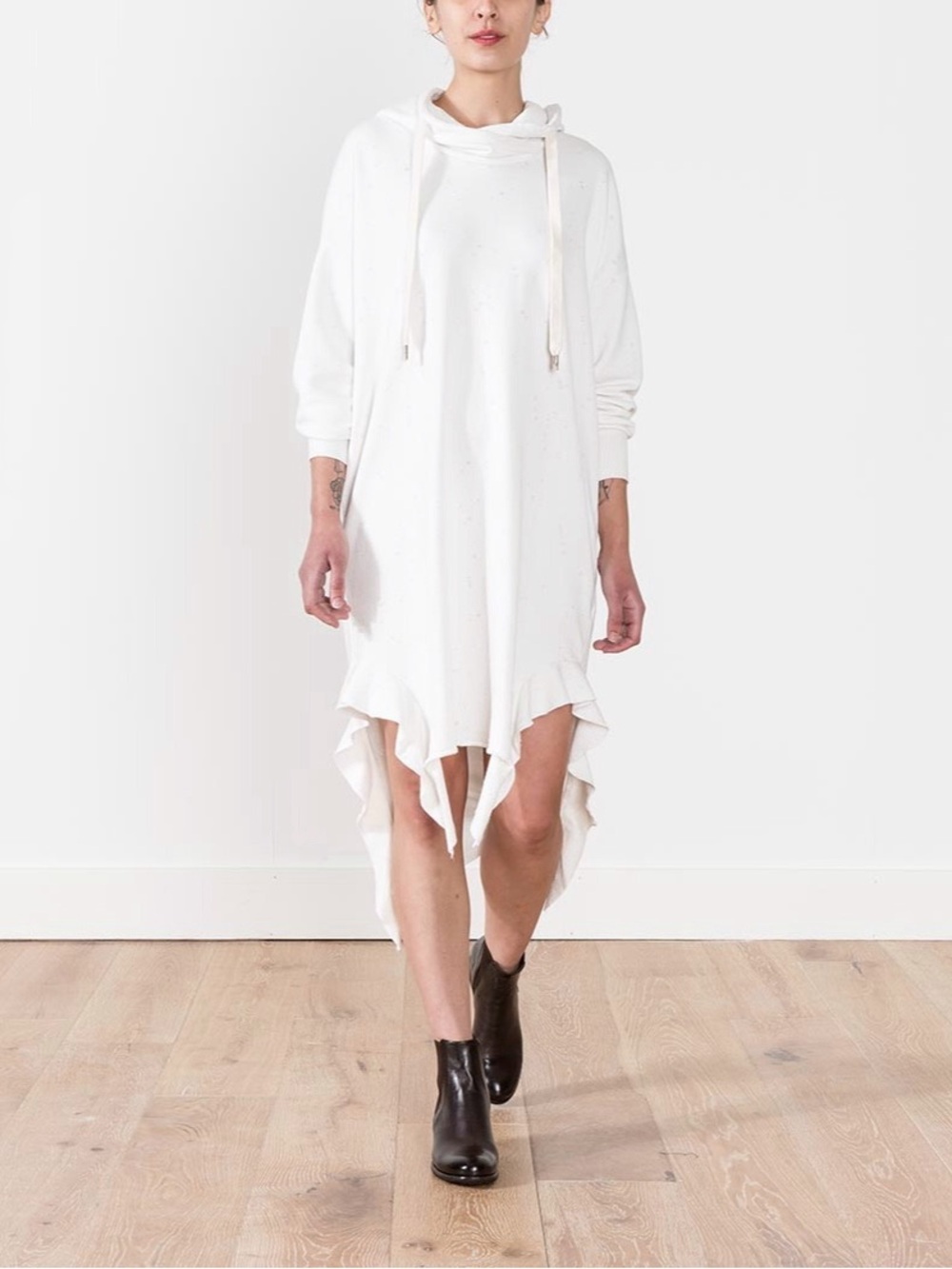 NSF Wren Hoodie Dress Burnout Distressed Asymmetric Boho Ivory Large